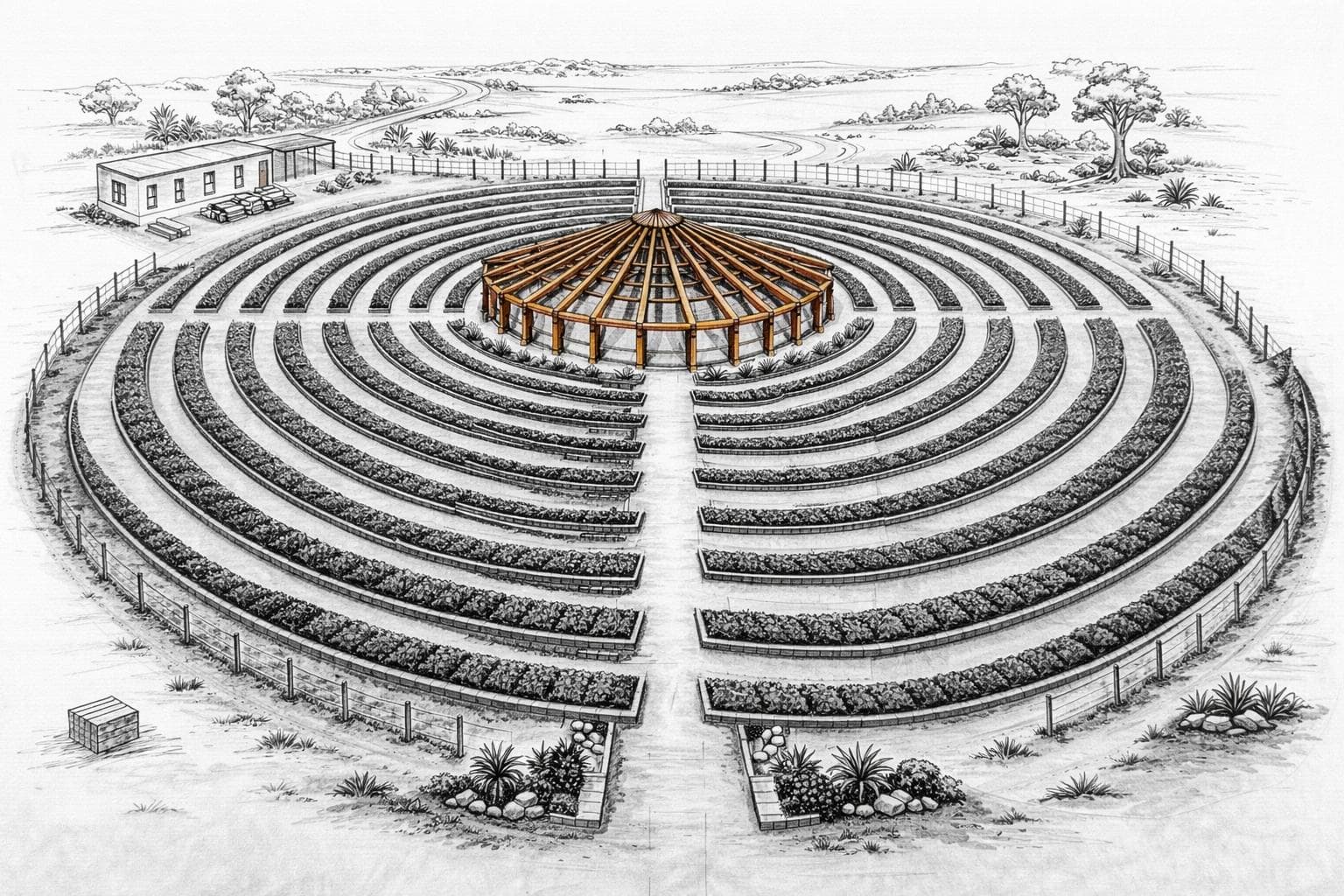 Mandala farm — pencil sketch